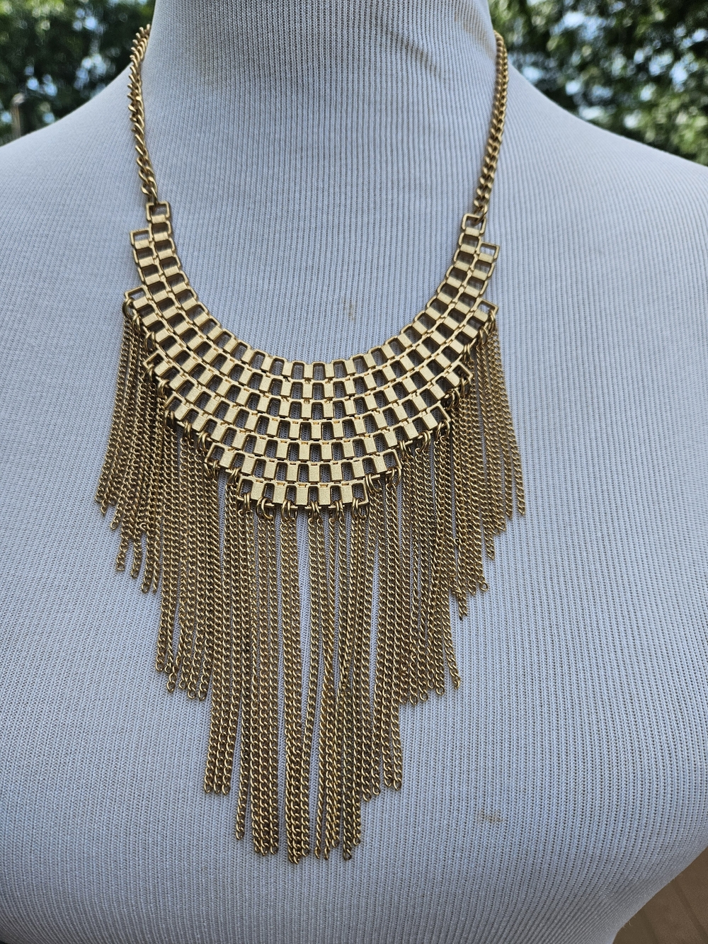 Gold Fringe Bib Necklace with Cascading Chains